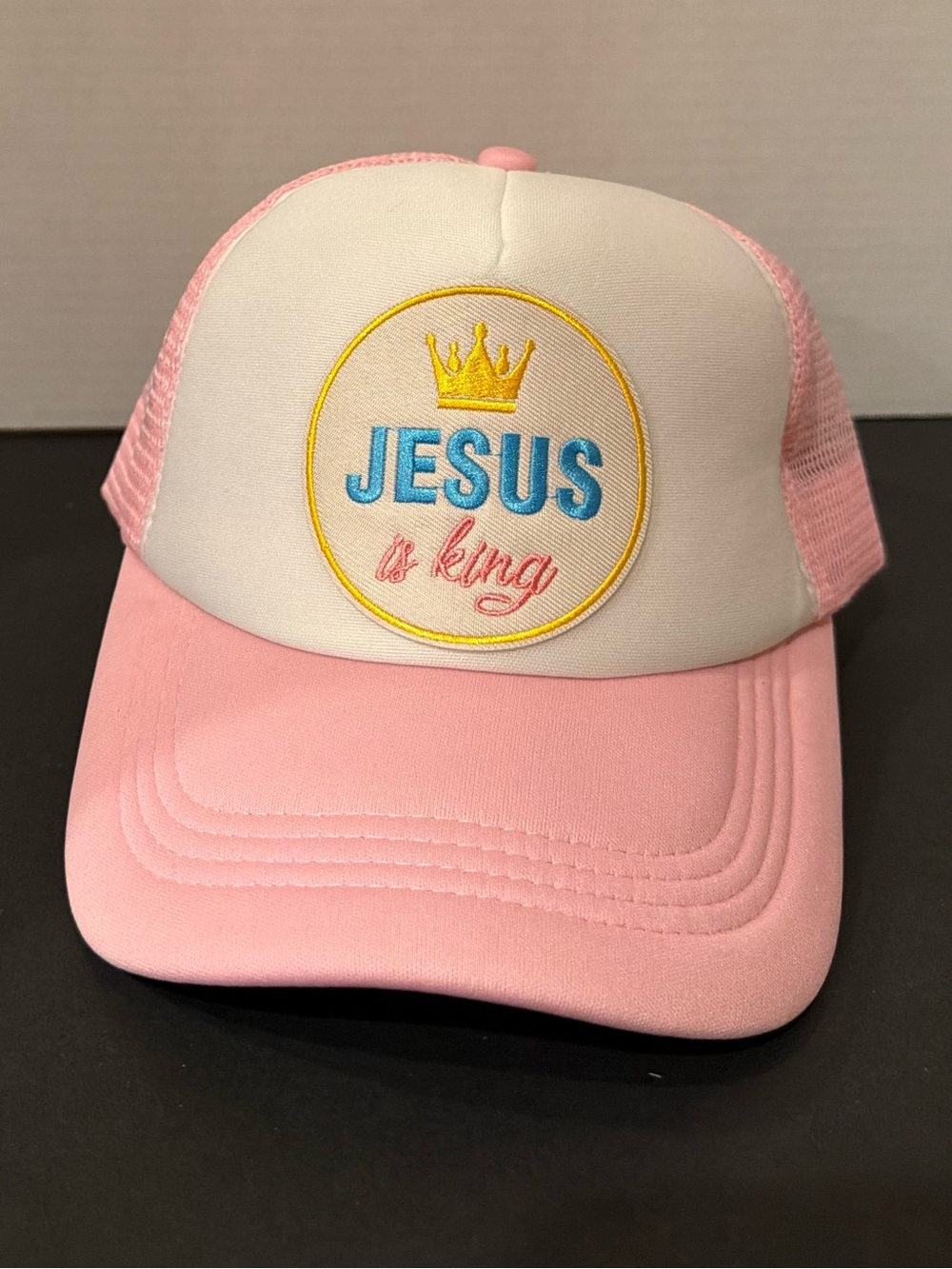 Pink and White 'Jesus is King' Trucker Hat. Custom. New